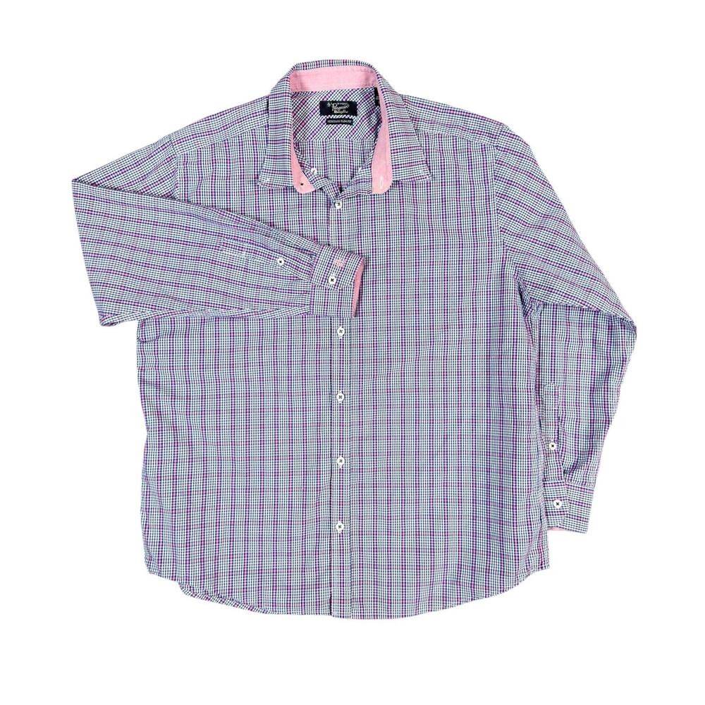 Original Penguin Heritage Slim Fit Dress Shirt 16.5 32/33 Plaid Pink Blue